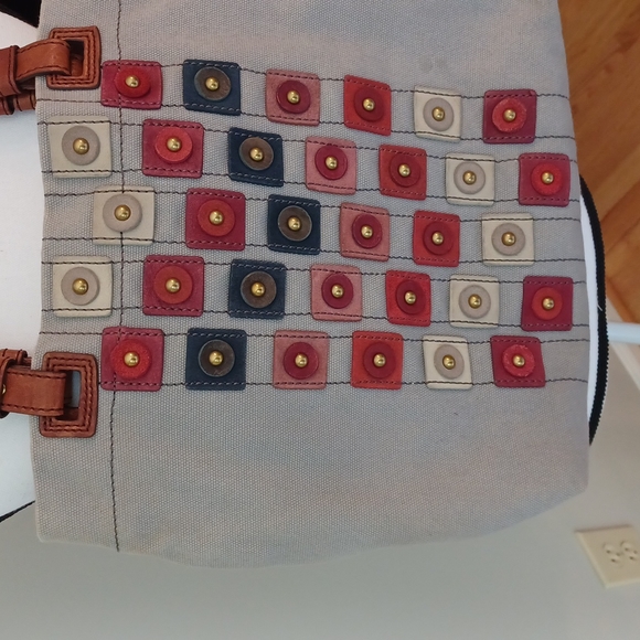 Fossil Taupe Canvas Embellished Circles Squares Tote Bag - Picture 2 of 16